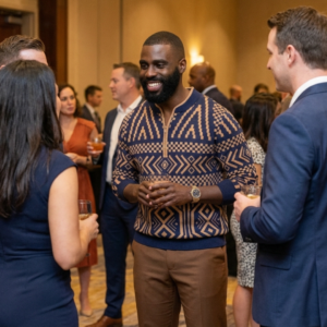 Navy Tan Tribal - Kibo Men's African Print Quarter-Zip Sweater